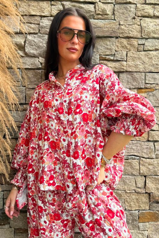 Daughter Of Ibiza Lovechild Balloon Sleeve Shirt Scarlet & Rose 